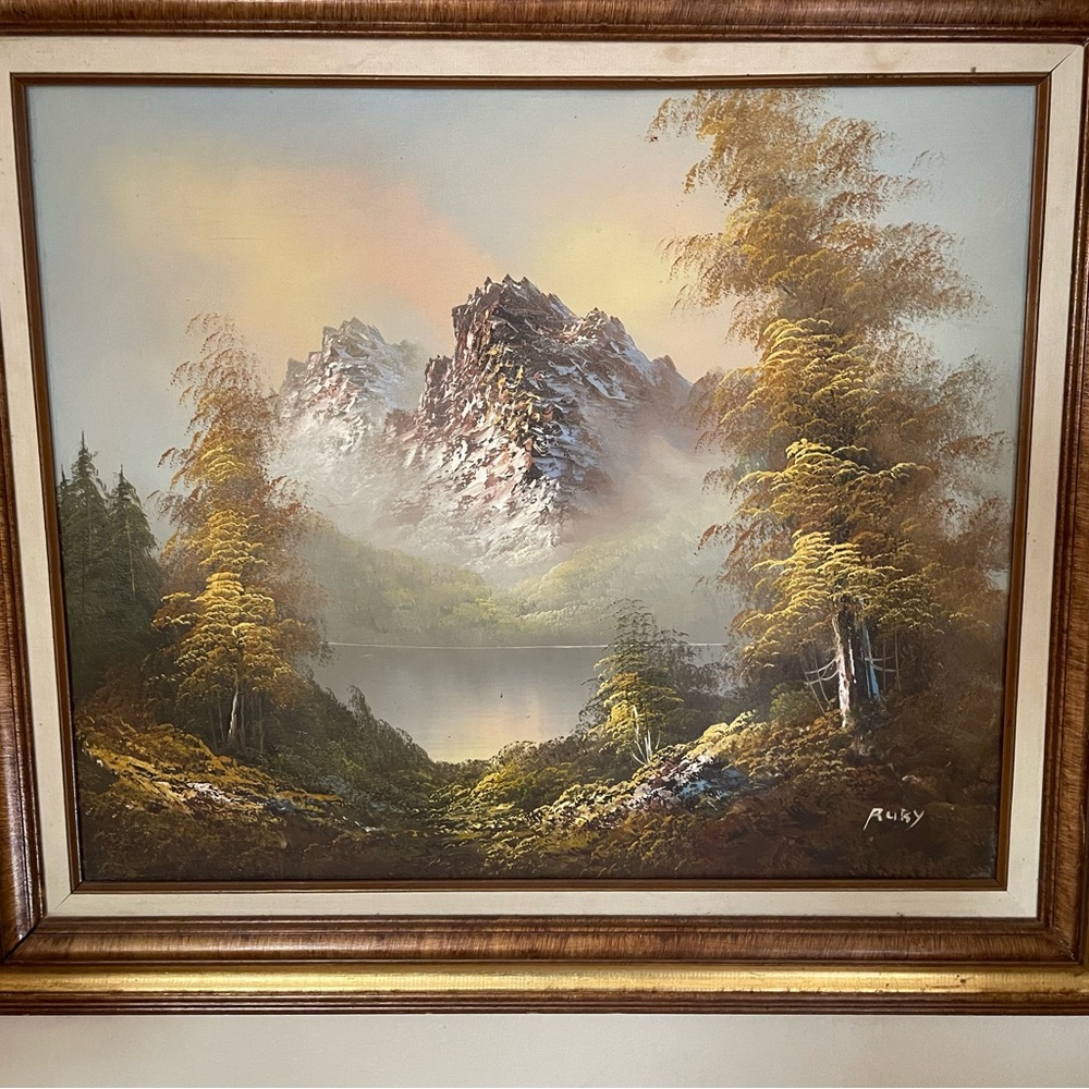 Majestic Mountain Scene with Gold and Brown Accents